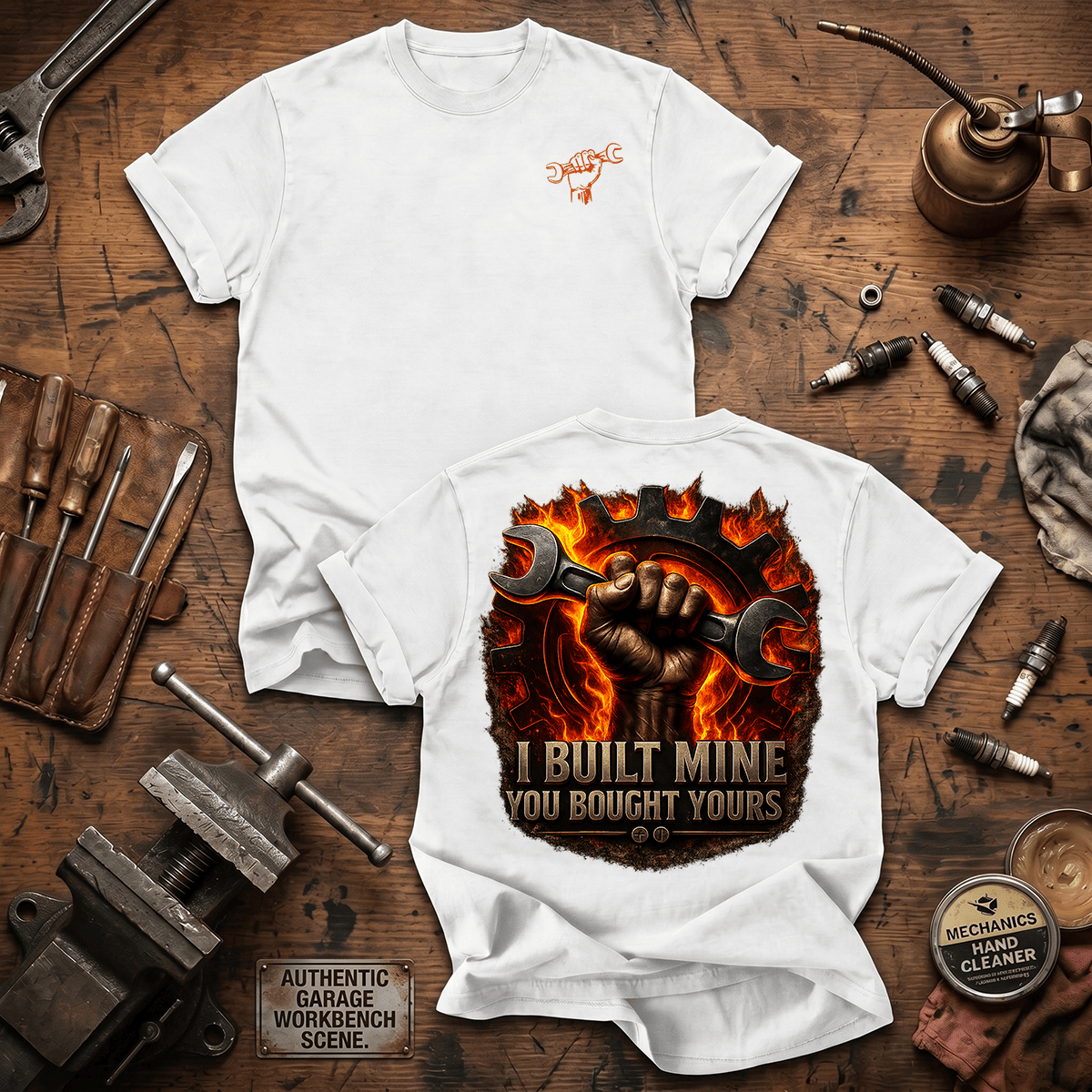 I Built Mine You Bought Yours Printed T Shirt Funny Wrench Mechanic Graphic Gift for Dad Auto Repair Technician Car Guy Tee