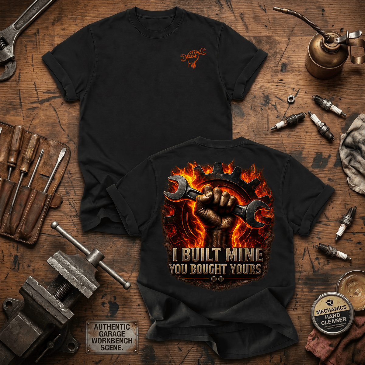 I Built Mine You Bought Yours Printed T Shirt Funny Wrench Mechanic Graphic Gift for Dad Auto Repair Technician Car Guy Tee