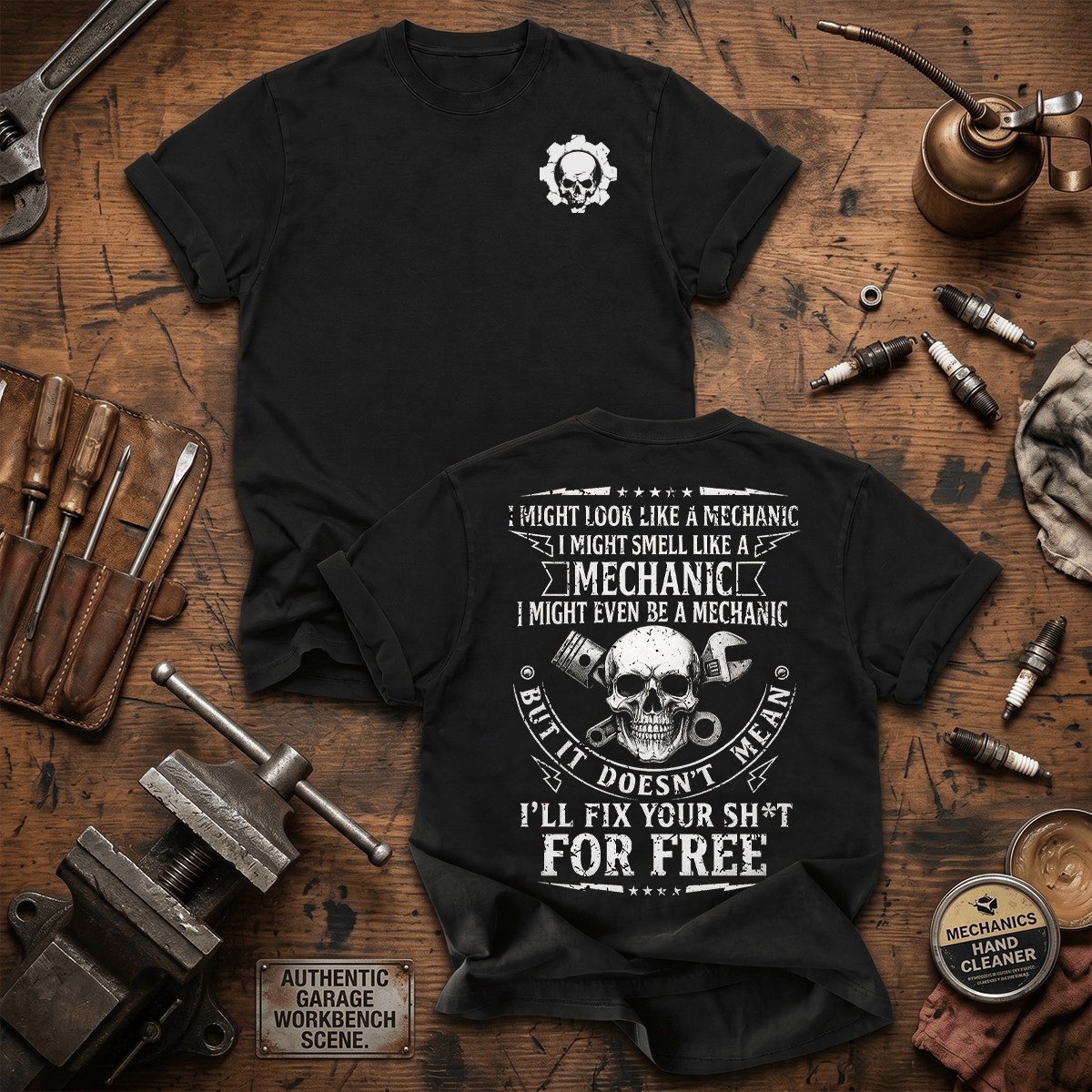 I Might Look Like A Mechanic Ill Fix Your Sh*t For Free Printed T-Shirt, Funny Mechanic Shirt Gift for Dad Grandpa Auto Repair Technician