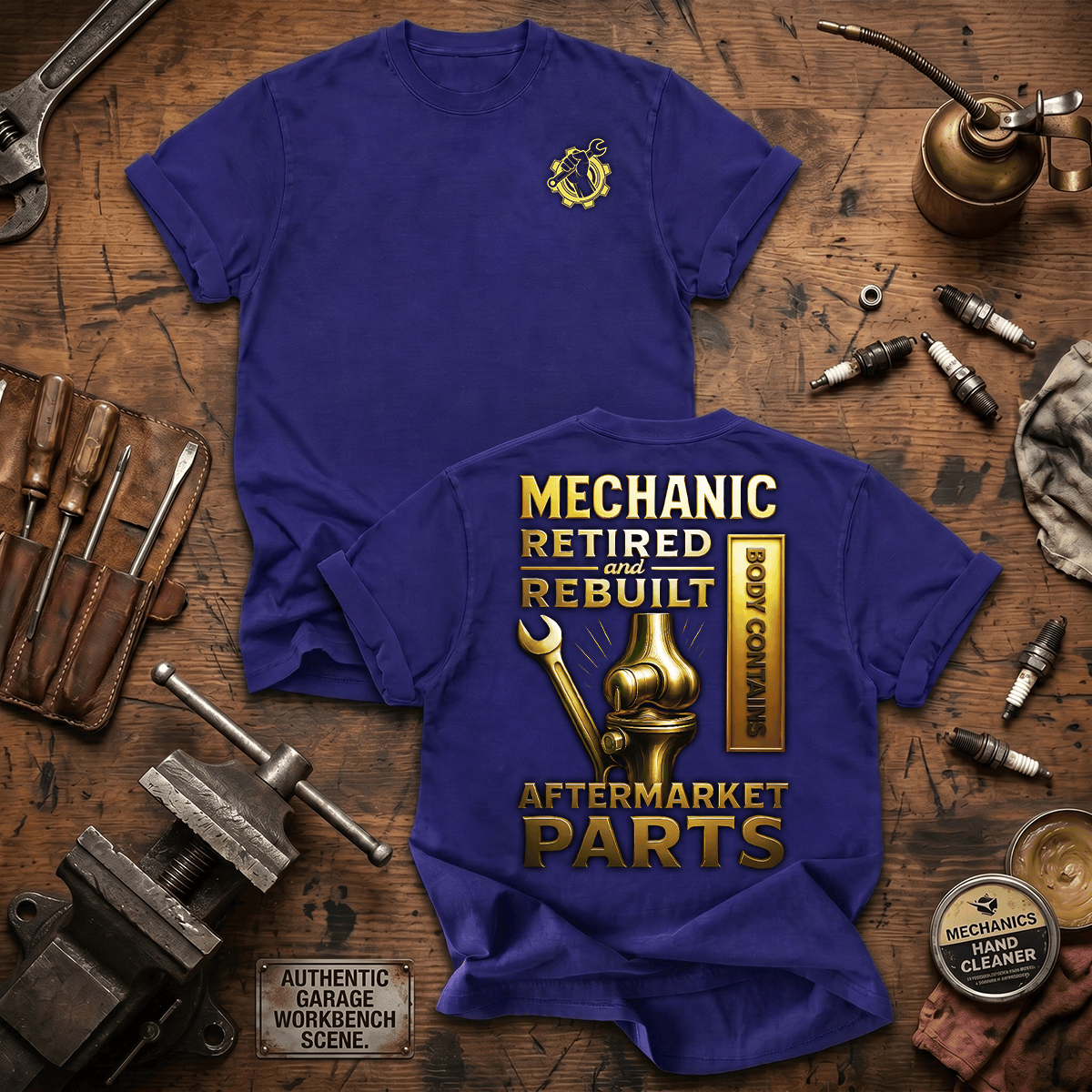 Mechanic Retired And Rebuilt Body Contains Aftermarket Parts Printed Mechanic T Shirt Funny Retirement Gift Auto Repair Technician Tee