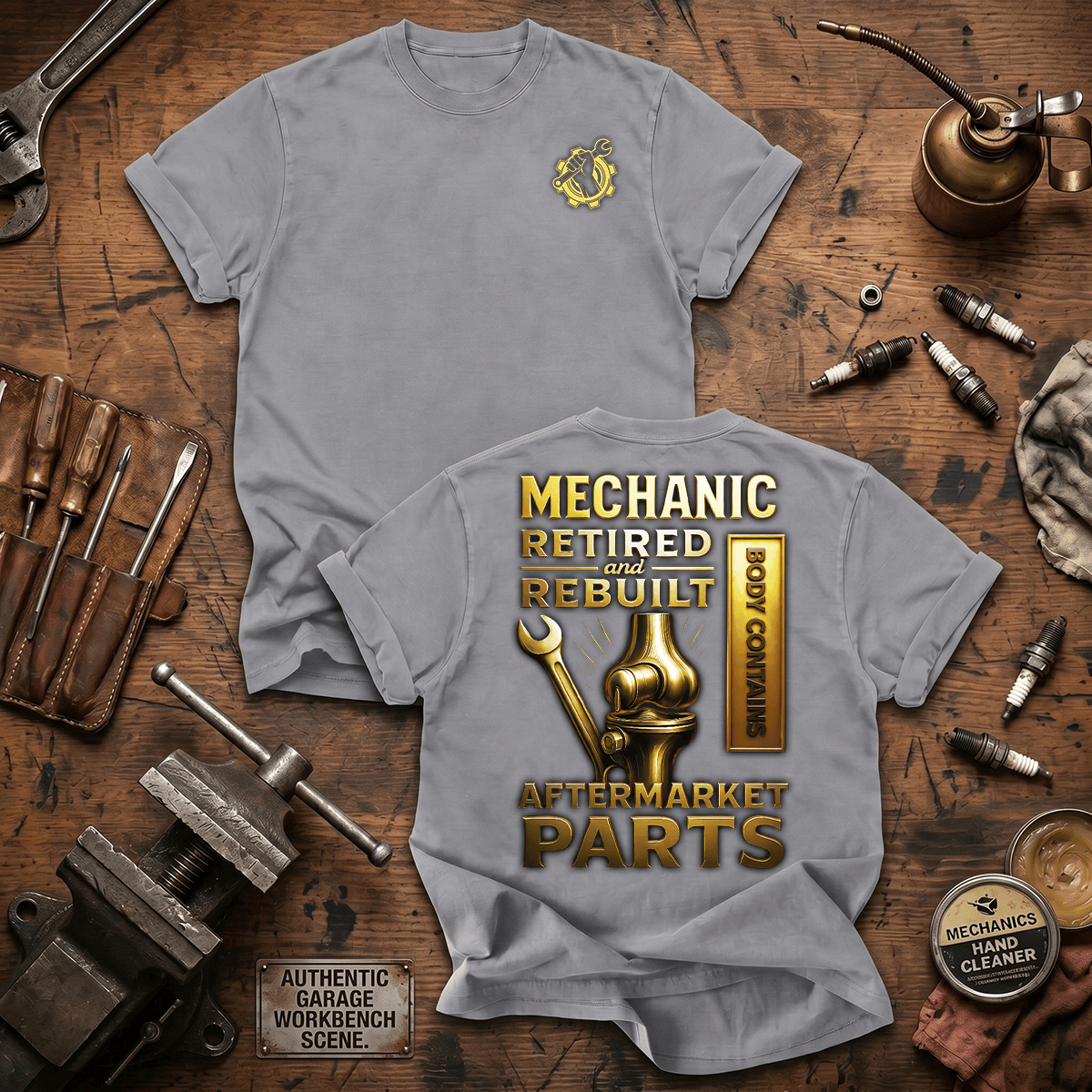 Mechanic Retired And Rebuilt Body Contains Aftermarket Parts Printed Mechanic T Shirt Funny Retirement Gift Auto Repair Technician Tee