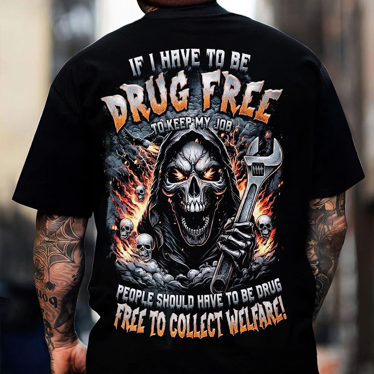 Drug Free Mechanic T-Shirt, If I Have To Be Drug Free to Keep My Job Funny Skull Wrench Graphic Shirt for Workers, Hoodie For Men