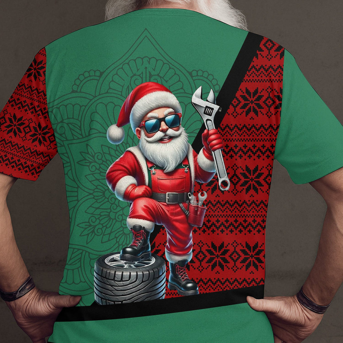 Custom Santa Mechanic Christmas T-Shirt, Red & Green Holiday Design with Wrench, Tire & Nordic Pattern, Xmas Hoodie Gift for Men & Women