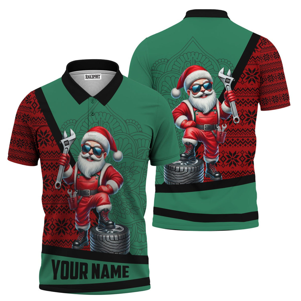 Custom Santa Mechanic Christmas T-Shirt, Red & Green Holiday Design with Wrench, Tire & Nordic Pattern, Xmas Hoodie Gift for Men & Women