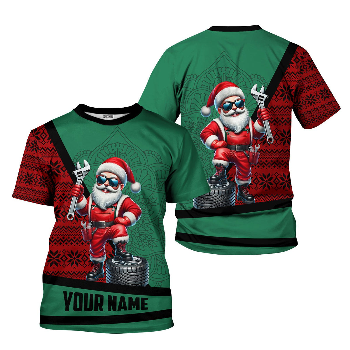 Custom Santa Mechanic Christmas T-Shirt, Red & Green Holiday Design with Wrench, Tire & Nordic Pattern, Xmas Hoodie Gift for Men & Women