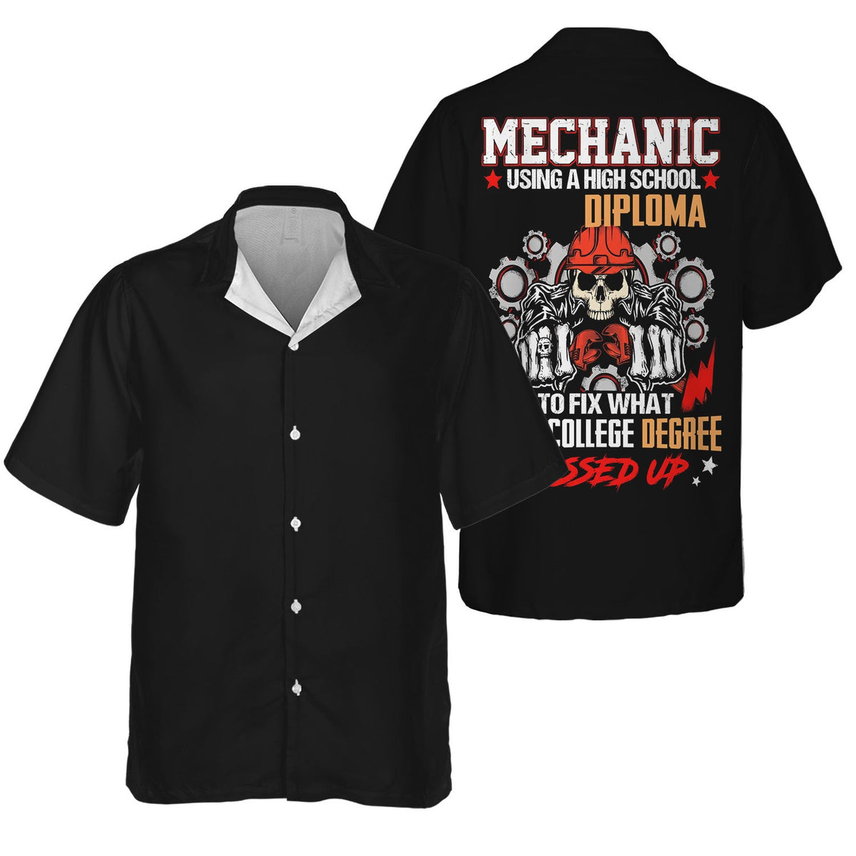 Mechanic High School Diploma Shirt, Funny Mechanic Fixing College Degree Graphic Tee for Men, Vintage Hoodie Skull Gear Print