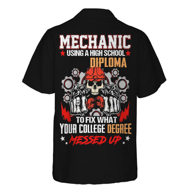 Mechanic High School Diploma Shirt, Funny Mechanic Fixing College Degree Graphic Tee for Men, Vintage Hoodie Skull Gear Print