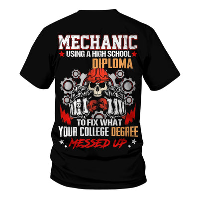 Mechanic High School Diploma Shirt, Funny Mechanic Fixing College Degree Graphic Tee for Men, Vintage Hoodie Skull Gear Print