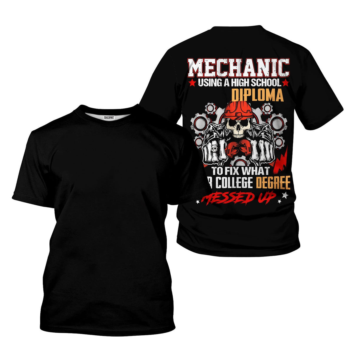 Mechanic High School Diploma Shirt, Funny Mechanic Fixing College Degree Graphic Tee for Men, Vintage Hoodie Skull Gear Print