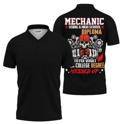 Mechanic High School Diploma Shirt, Funny Mechanic Fixing College Degree Graphic Tee for Men, Vintage Hoodie Skull Gear Print