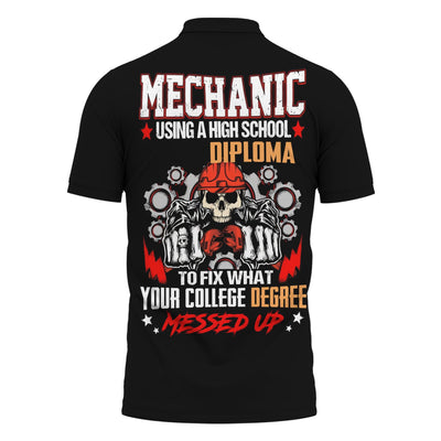 Mechanic High School Diploma Shirt, Funny Mechanic Fixing College Degree Graphic Tee for Men, Vintage Hoodie Skull Gear Print