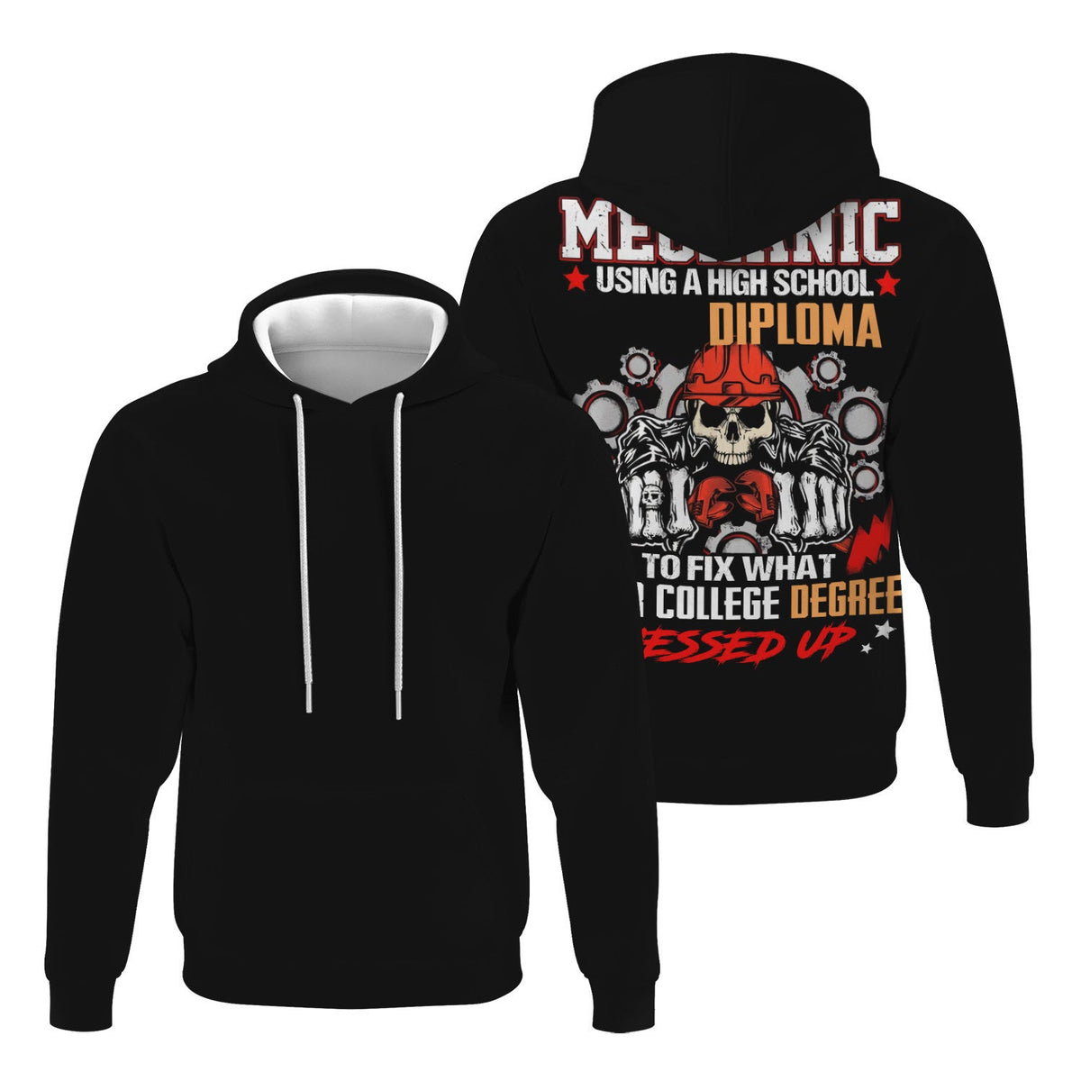 Mechanic High School Diploma Shirt, Funny Mechanic Fixing College Degree Graphic Tee for Men, Vintage Hoodie Skull Gear Print
