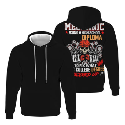 Mechanic High School Diploma Shirt, Funny Mechanic Fixing College Degree Graphic Tee for Men, Vintage Hoodie Skull Gear Print