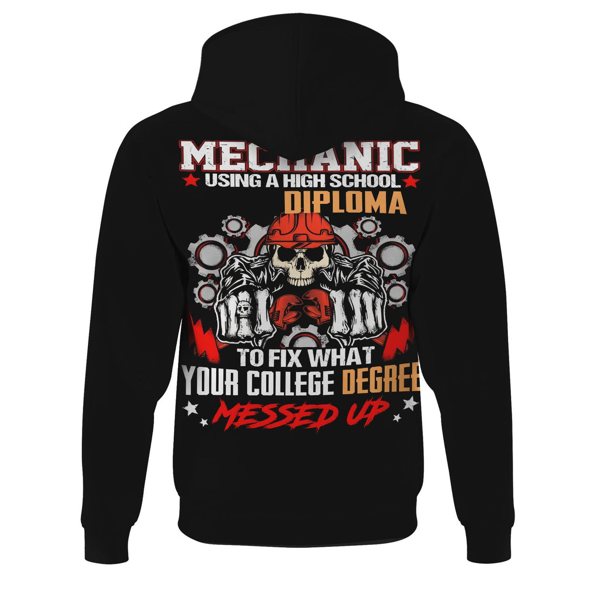 Mechanic High School Diploma Shirt, Funny Mechanic Fixing College Degree Graphic Tee for Men, Vintage Hoodie Skull Gear Print