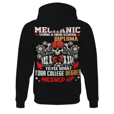 Mechanic High School Diploma Shirt, Funny Mechanic Fixing College Degree Graphic Tee for Men, Vintage Hoodie Skull Gear Print