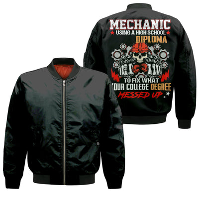 Mechanic High School Diploma Shirt, Funny Mechanic Fixing College Degree Graphic Tee for Men, Vintage Hoodie Skull Gear Print