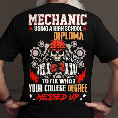 Mechanic High School Diploma Shirt, Funny Mechanic Fixing College Degree Graphic Tee for Men, Vintage Hoodie Skull Gear Print