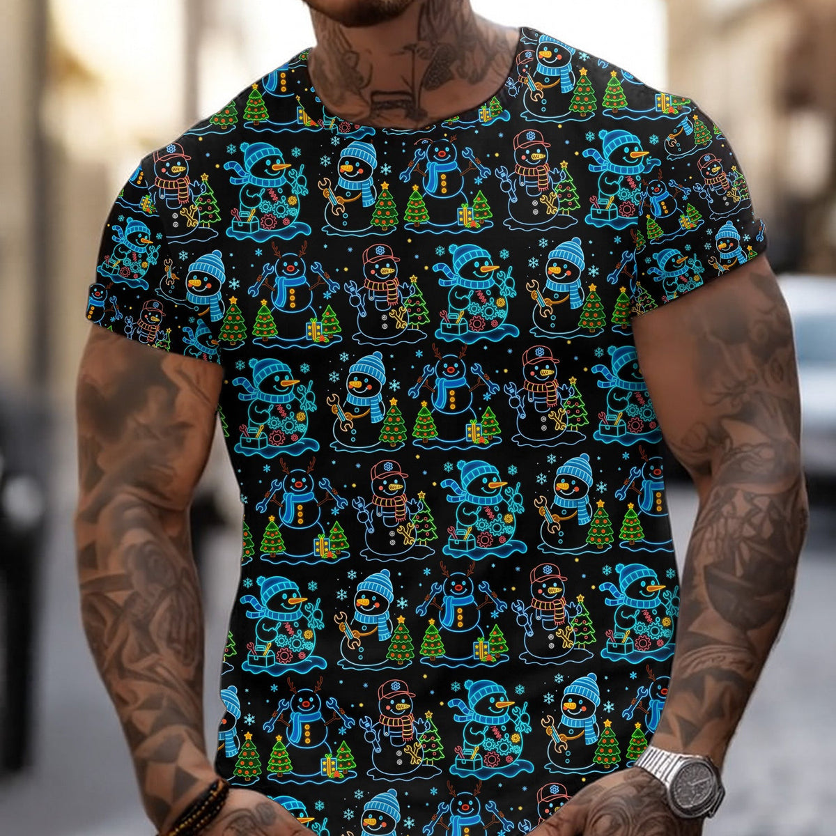 Mechanic Snowman Christmas All Over Print Shirt, Funny Holiday Mechanic Hoodie with Snowmen, Tools & Trees, Festive Winter Pattern