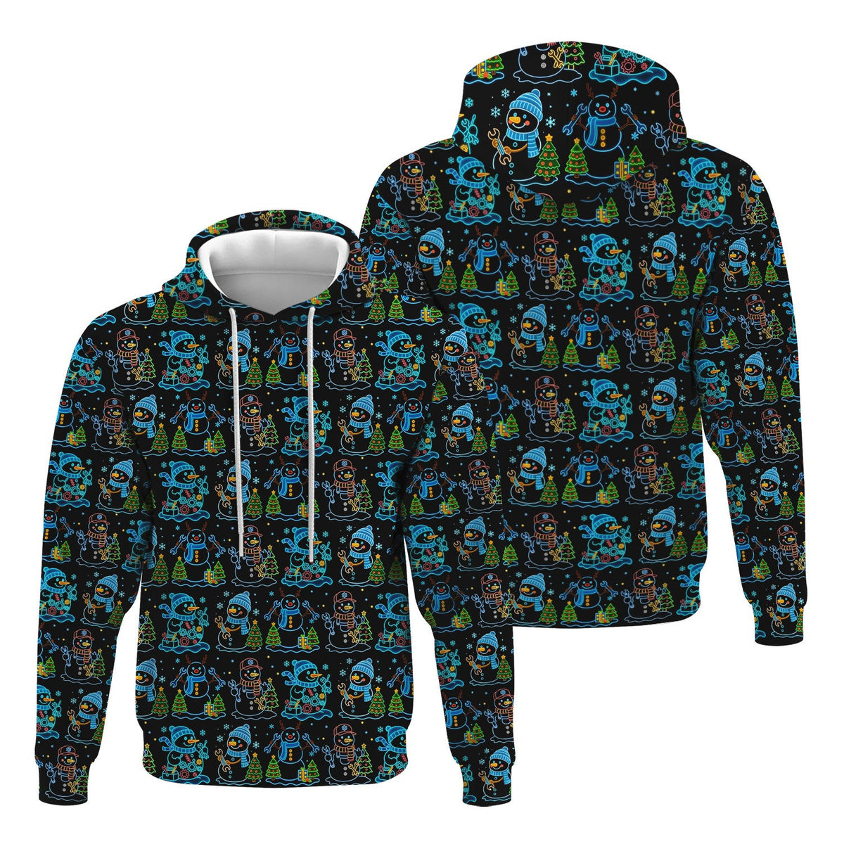 Mechanic Snowman Christmas All Over Print Shirt, Funny Holiday Mechanic Hoodie with Snowmen, Tools & Trees, Festive Winter Pattern