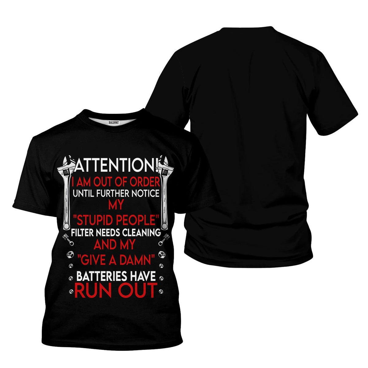 Attention I Am Out of Order T-Shirt, Funny Sarcastic Mechanic Tee, Stupid People Filter Quote Hoodie, Humor Gift for Men & Garage Workers
