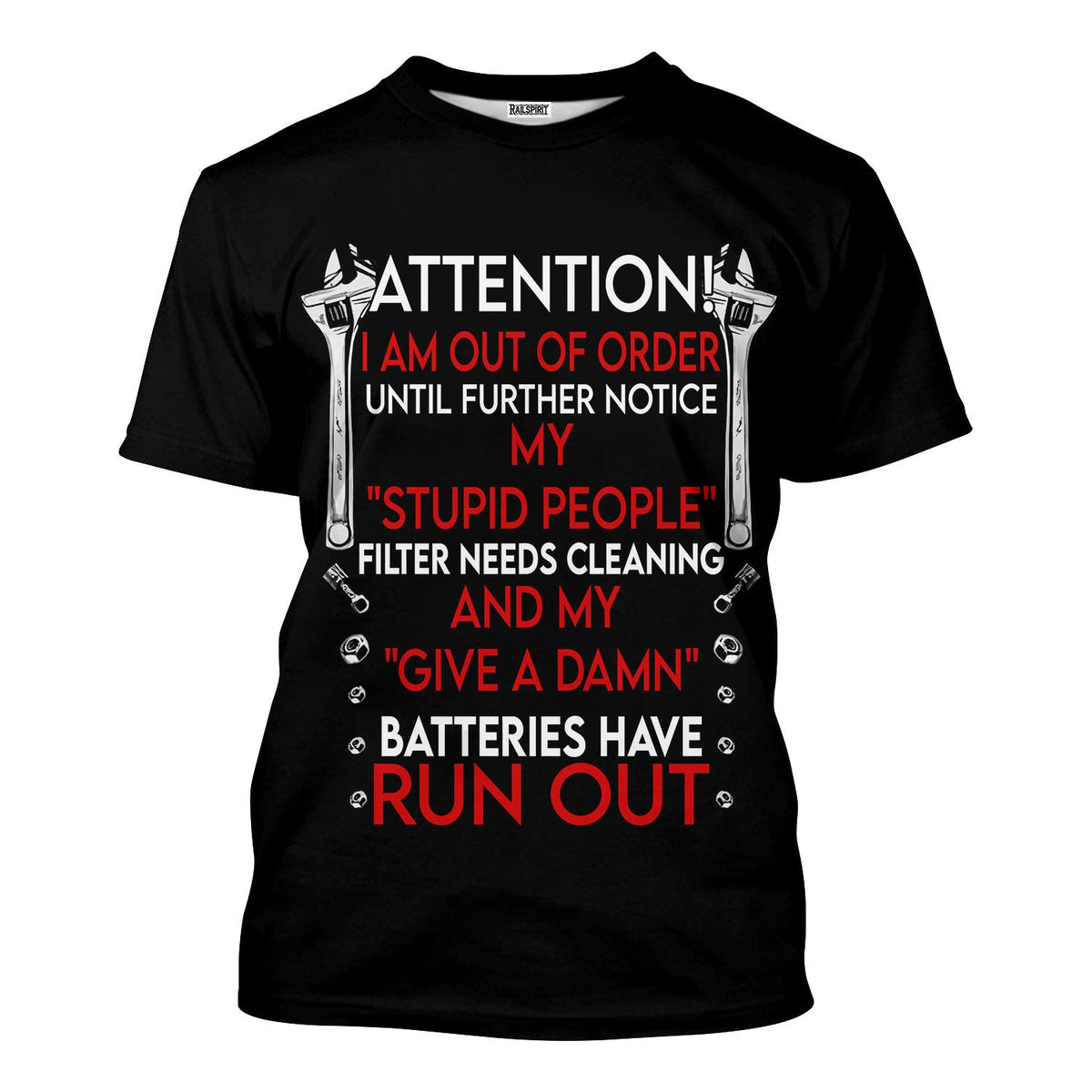 Attention I Am Out of Order T-Shirt, Funny Sarcastic Mechanic Tee, Stupid People Filter Quote Hoodie, Humor Gift for Men & Garage Workers