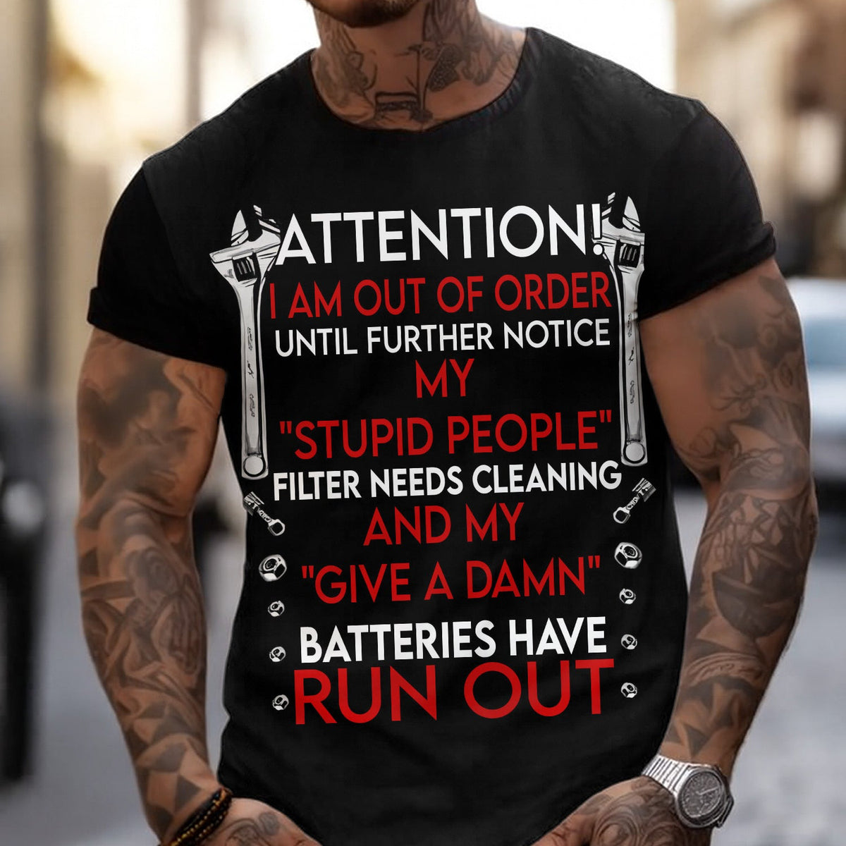 Attention I Am Out of Order T-Shirt, Funny Sarcastic Mechanic Tee, Stupid People Filter Quote Hoodie, Humor Gift for Men & Garage Workers