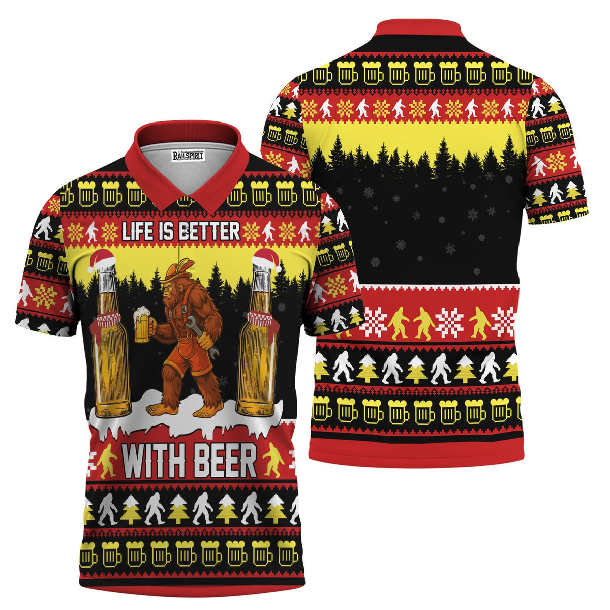Bigfoot Beer Christmas T-Shirt, Funny Life Is Better With Beer Ugly Xmas Sweater Style Hoodie for Beer Lovers & Christmas, Polo For Men
