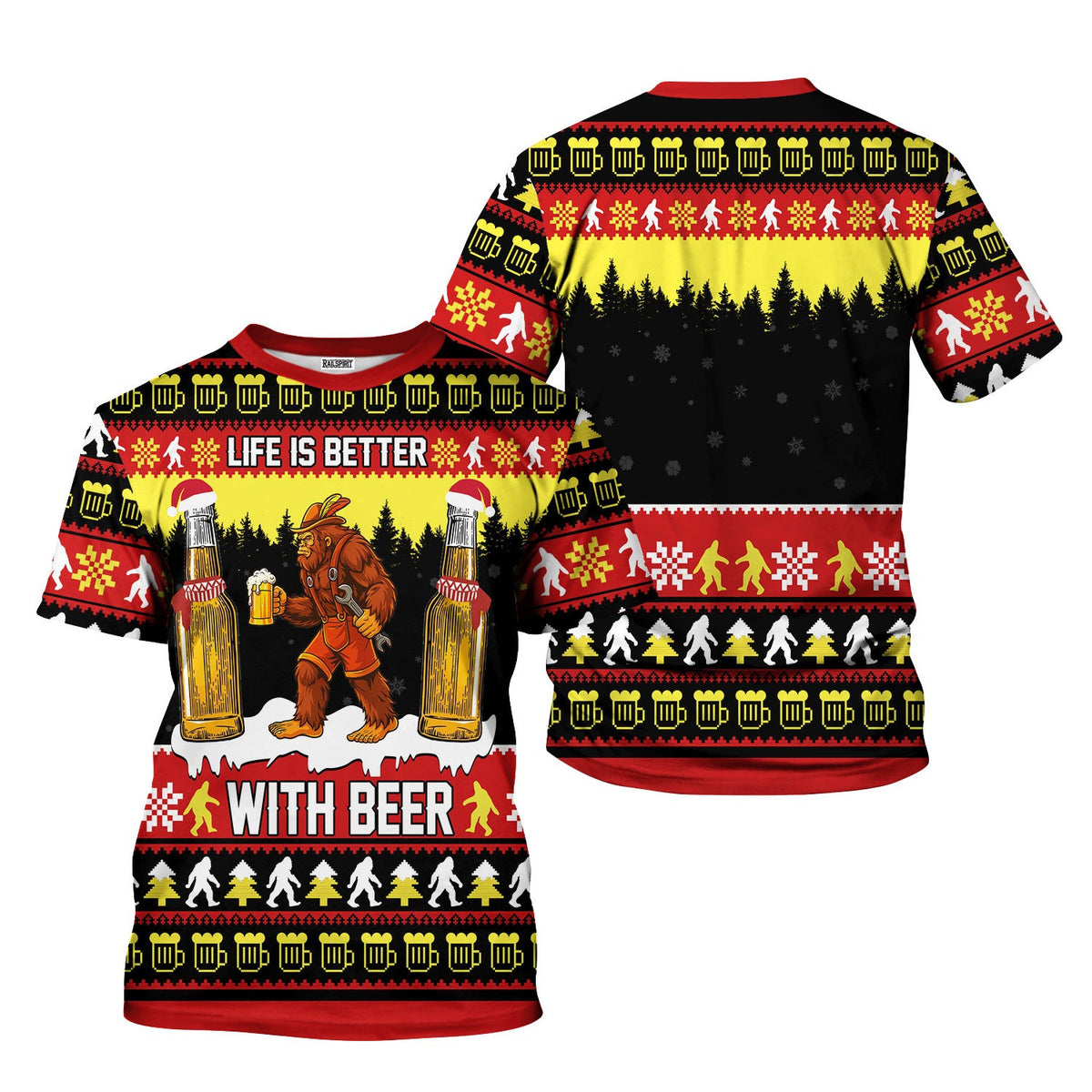 Bigfoot Beer Christmas T-Shirt, Funny Life Is Better With Beer Ugly Xmas Sweater Style Hoodie for Beer Lovers & Christmas, Polo For Men