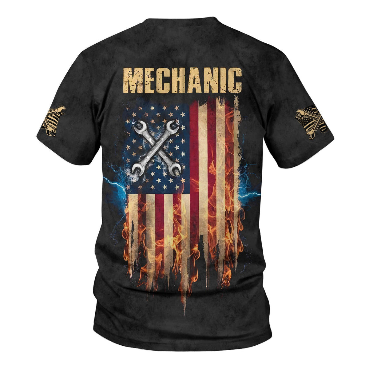 Custom Name Mechanic T-Shirt, USA Flag with Crossed Wrenches & Fire Graphic, Patriotic Auto Repair Hoodie Perfect for Mechanics & Garage Workers