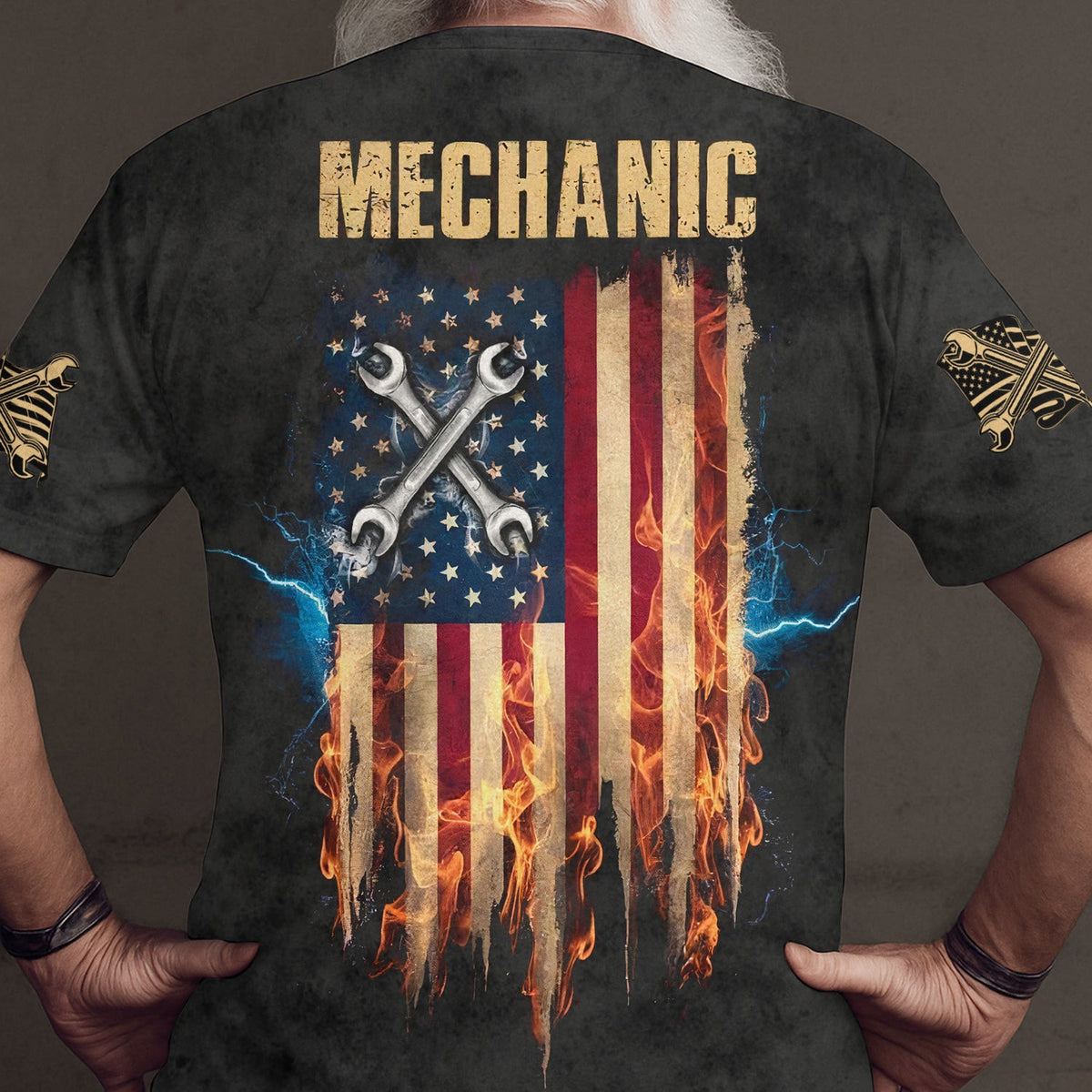 Custom Name Mechanic T-Shirt, USA Flag with Crossed Wrenches & Fire Graphic, Patriotic Auto Repair Hoodie Perfect for Mechanics & Garage Workers