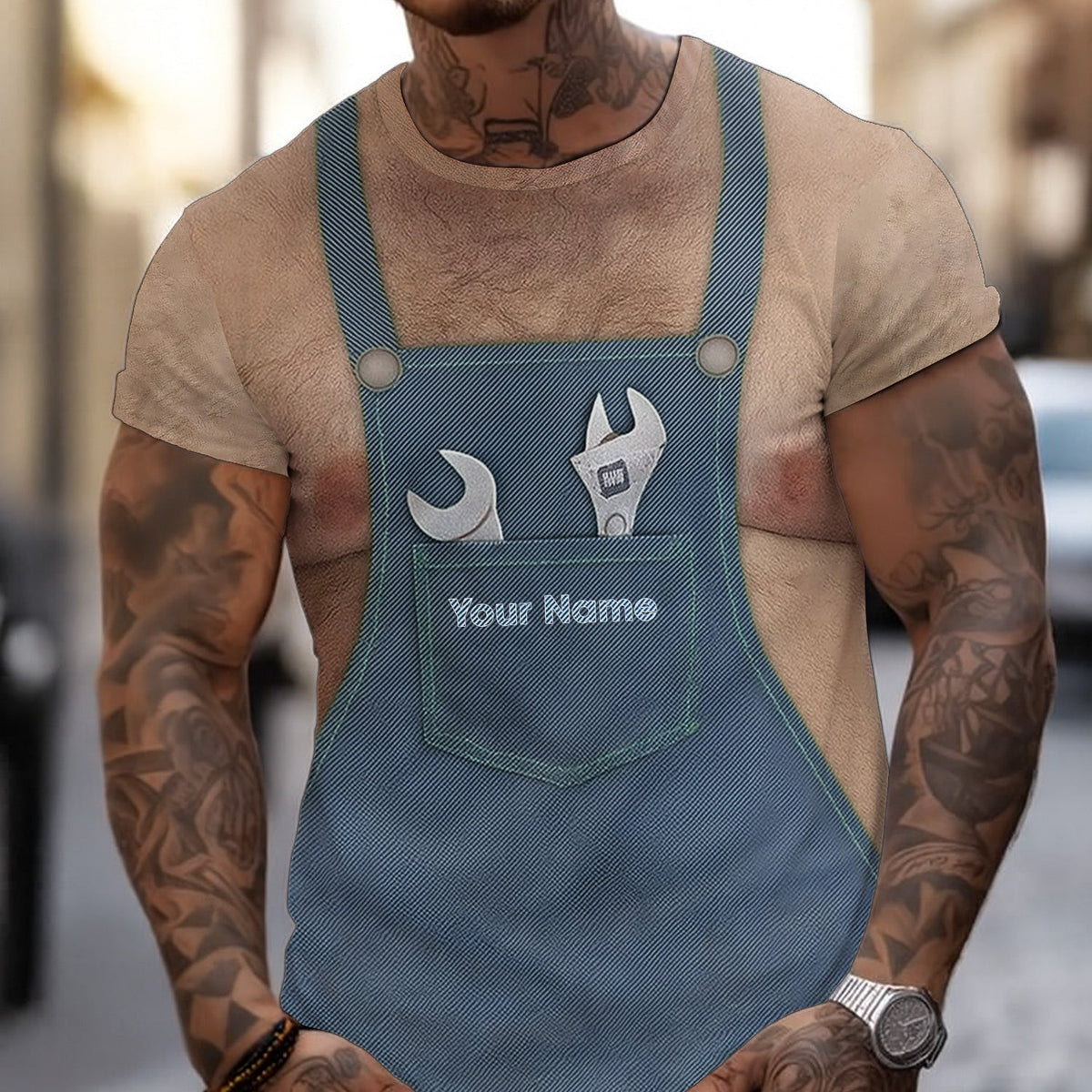 Custom Mechanic T-Shirt, 3D Dirty Work Apron Graphic Tee with Tools Pocket Print Design, Personalized Name Polo for Car Guys & Garage Workers