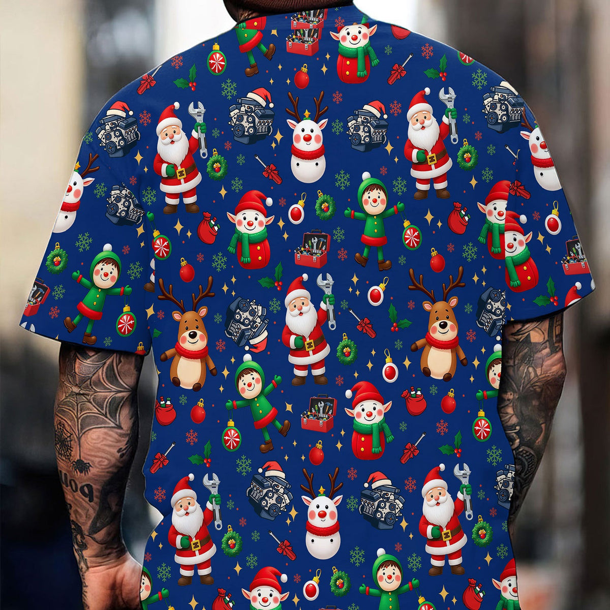 Christmas Mechanic All Over Print T-Shirt with Santa, Reindeer, Elves & Engine Tools, Festive Holiday Auto Mechanic Graphic Hoodie