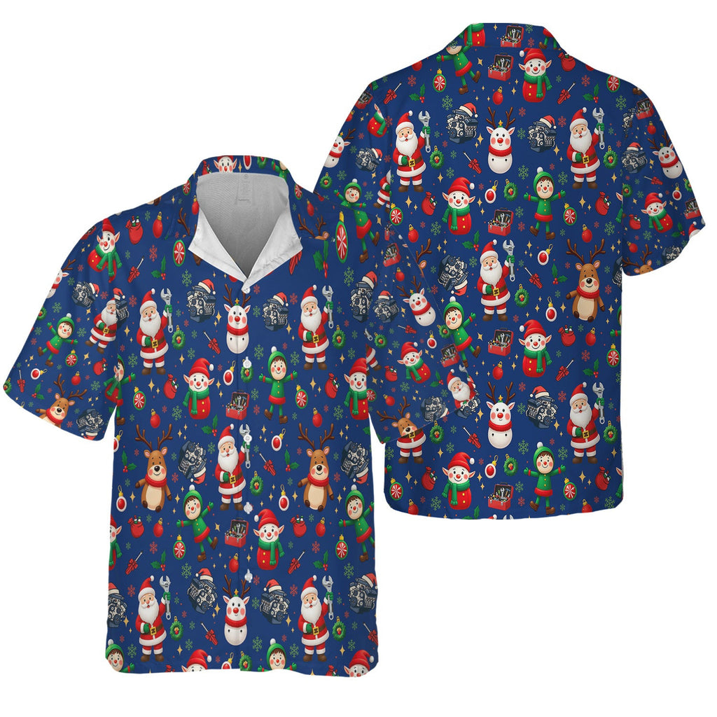 Christmas Mechanic All Over Print T-Shirt with Santa, Reindeer, Elves & Engine Tools, Festive Holiday Auto Mechanic Graphic Hoodie