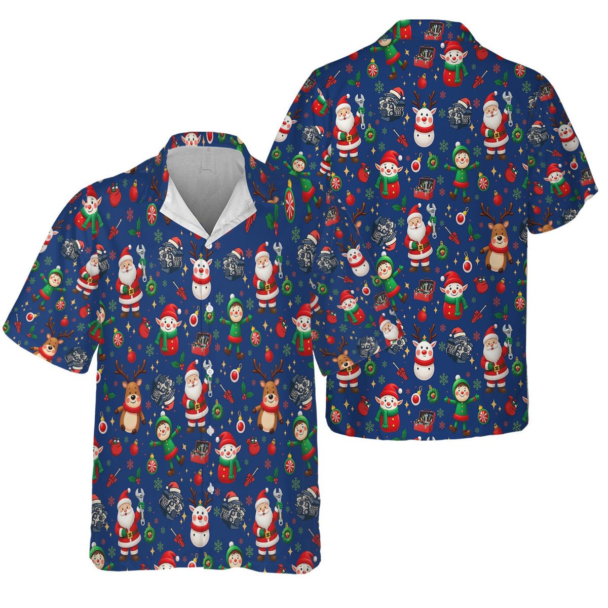 Christmas Mechanic All Over Print T-Shirt with Santa, Reindeer, Elves & Engine Tools, Festive Holiday Auto Mechanic Graphic Hoodie