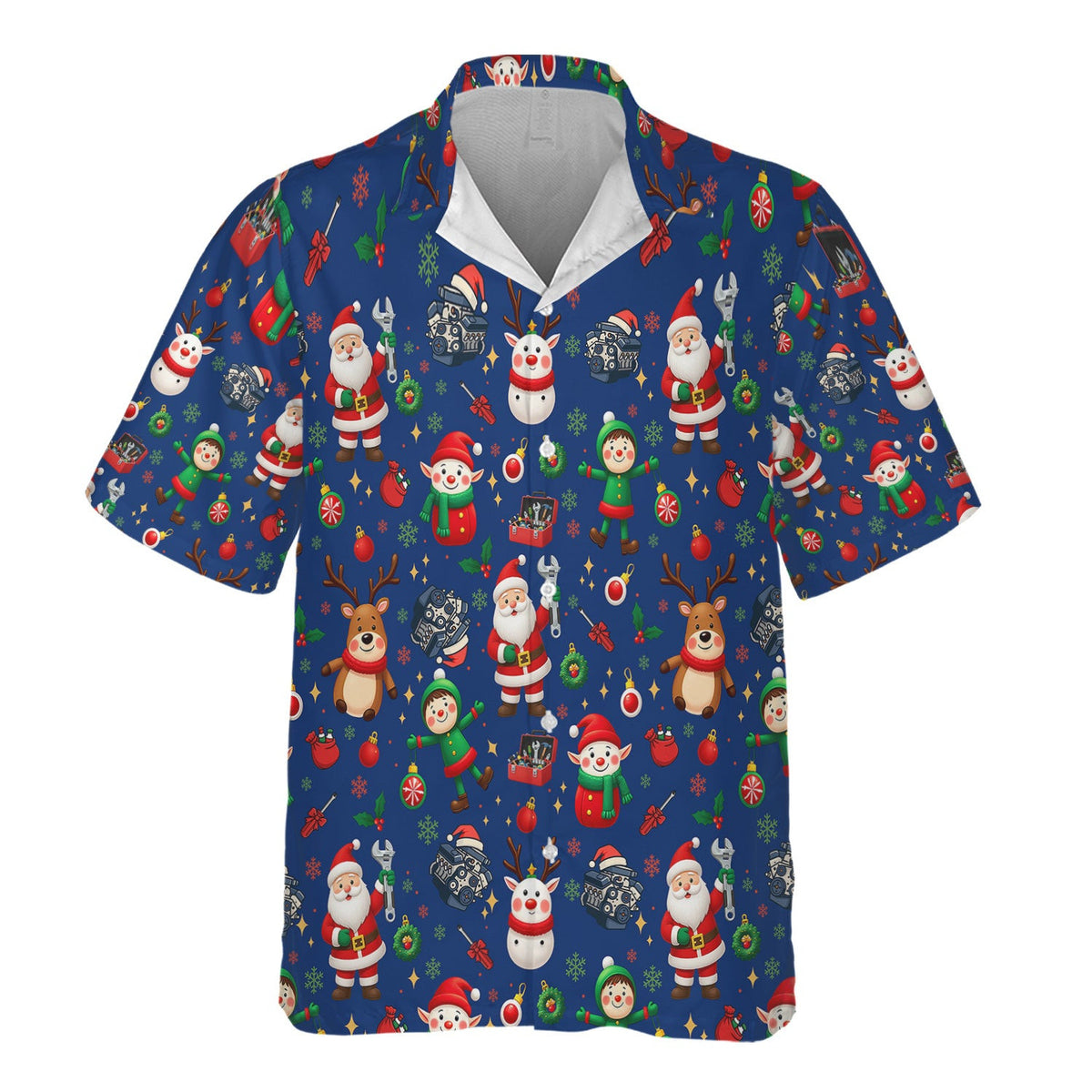 Christmas Mechanic All Over Print T-Shirt with Santa, Reindeer, Elves & Engine Tools, Festive Holiday Auto Mechanic Graphic Hoodie