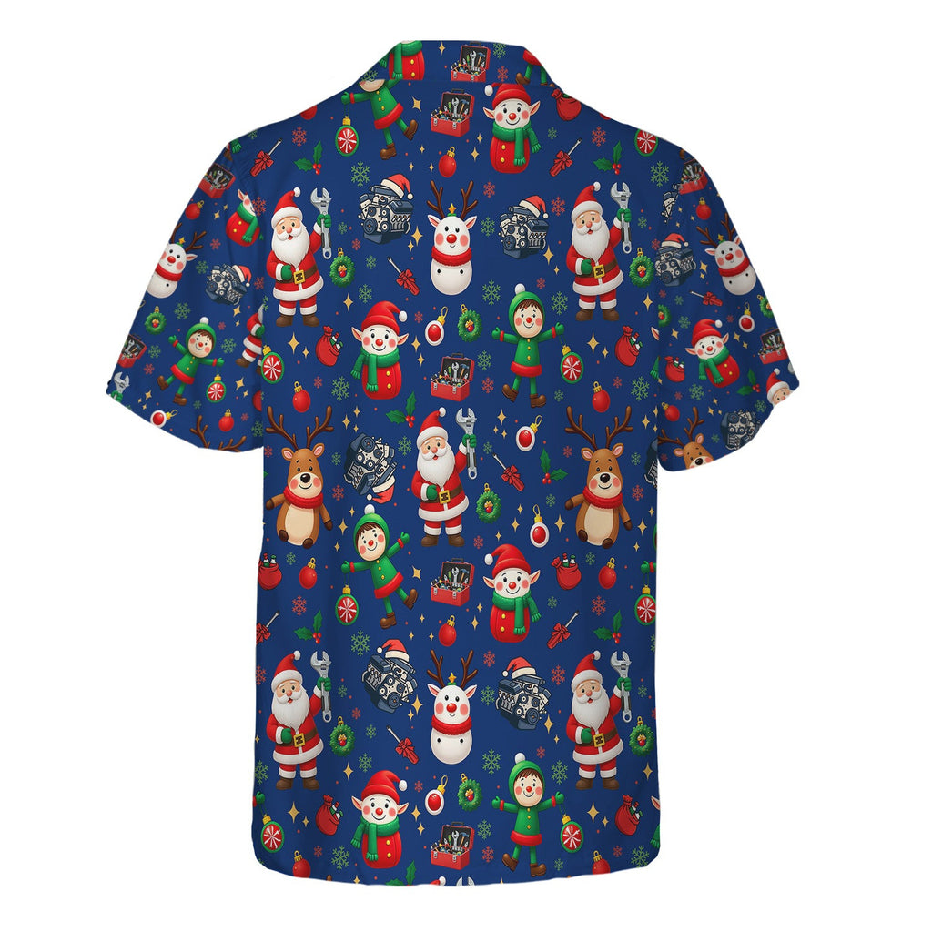 Christmas Mechanic All Over Print T-Shirt with Santa, Reindeer, Elves & Engine Tools, Festive Holiday Auto Mechanic Graphic Hoodie