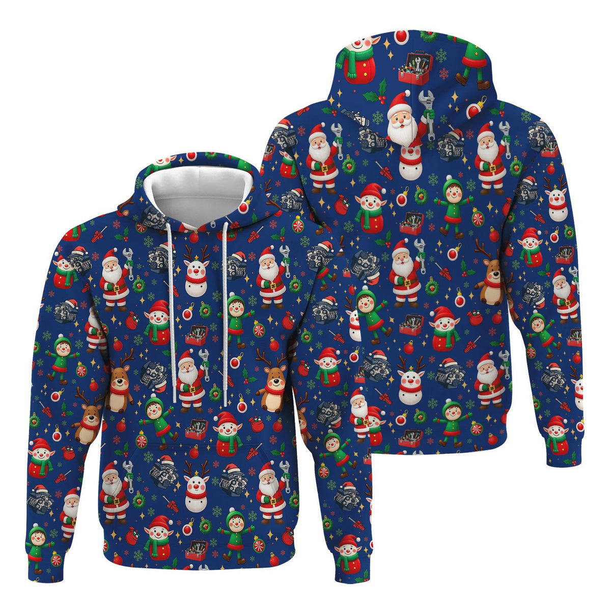 Christmas Mechanic All Over Print T-Shirt with Santa, Reindeer, Elves & Engine Tools, Festive Holiday Auto Mechanic Graphic Hoodie