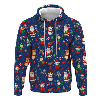 Christmas Mechanic All Over Print T-Shirt with Santa, Reindeer, Elves & Engine Tools, Festive Holiday Auto Mechanic Graphic Hoodie