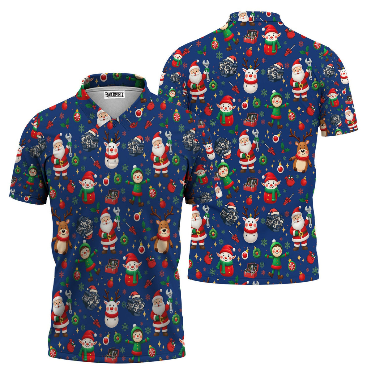 Christmas Mechanic All Over Print T-Shirt with Santa, Reindeer, Elves & Engine Tools, Festive Holiday Auto Mechanic Graphic Hoodie