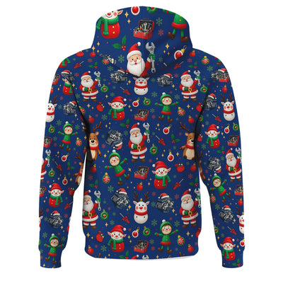 Christmas Mechanic All Over Print T-Shirt with Santa, Reindeer, Elves & Engine Tools, Festive Holiday Auto Mechanic Graphic Hoodie