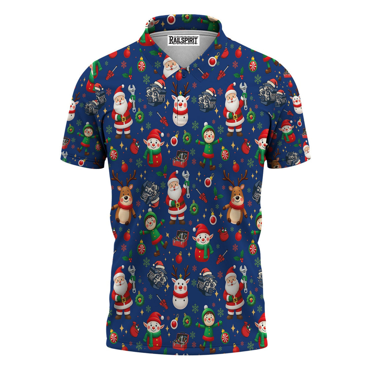 Christmas Mechanic All Over Print T-Shirt with Santa, Reindeer, Elves & Engine Tools, Festive Holiday Auto Mechanic Graphic Hoodie