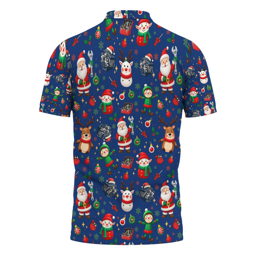 Christmas Mechanic All Over Print T-Shirt with Santa, Reindeer, Elves & Engine Tools, Festive Holiday Auto Mechanic Graphic Hoodie