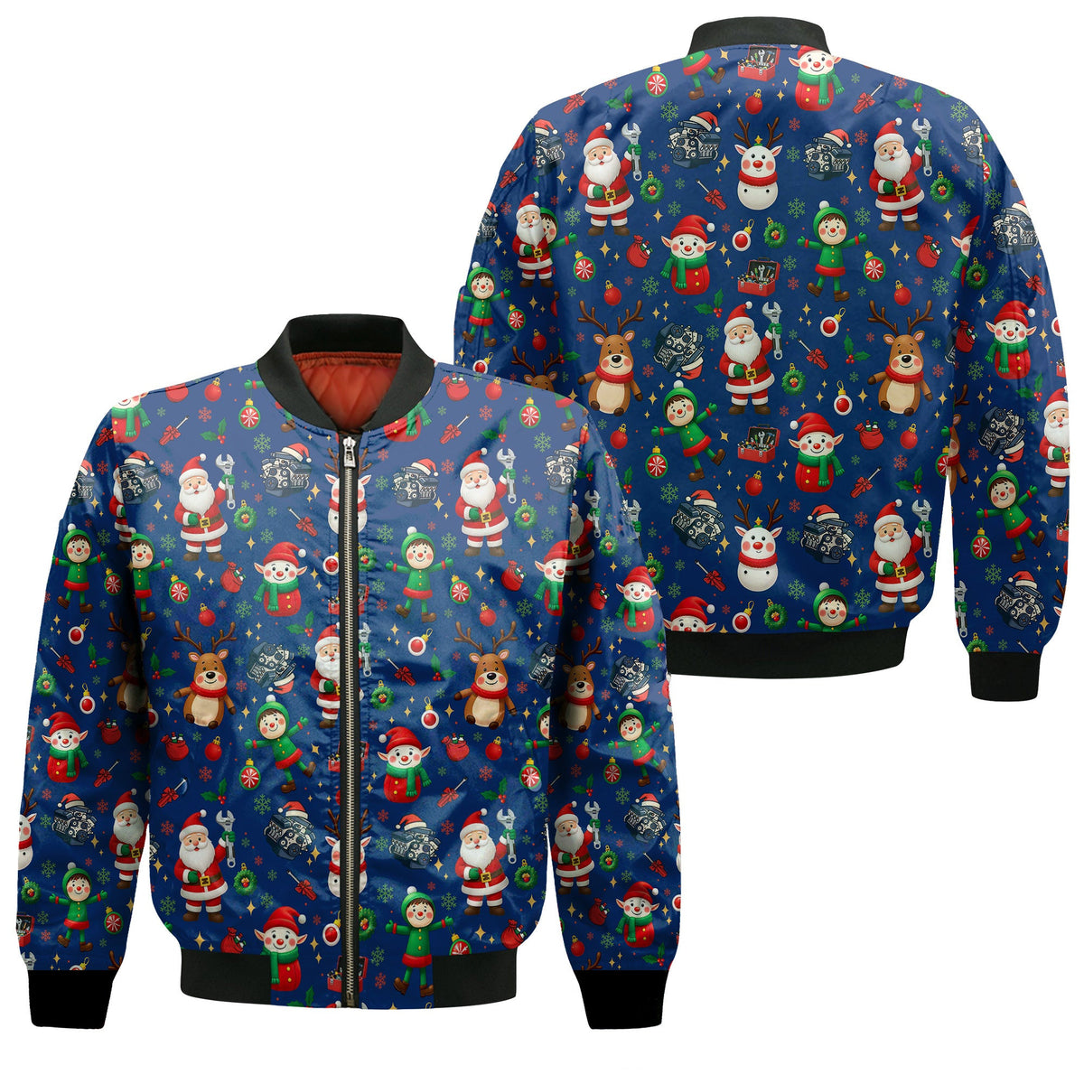 Christmas Mechanic All Over Print T-Shirt with Santa, Reindeer, Elves & Engine Tools, Festive Holiday Auto Mechanic Graphic Hoodie