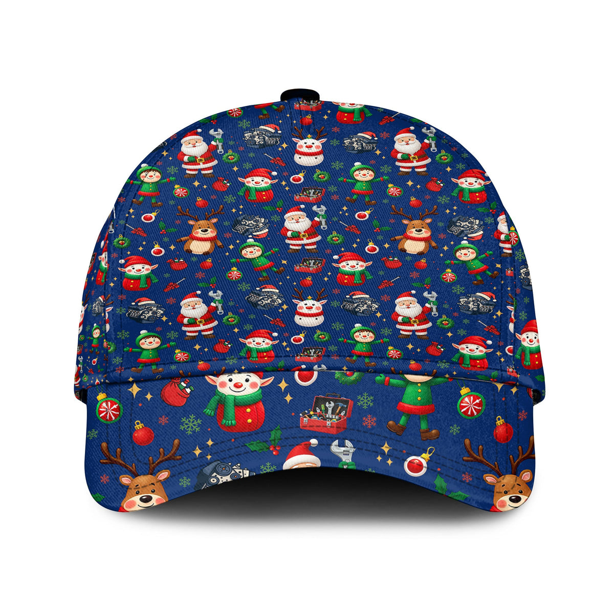 Christmas Mechanic All Over Print T-Shirt with Santa, Reindeer, Elves & Engine Tools, Festive Holiday Auto Mechanic Graphic Hoodie