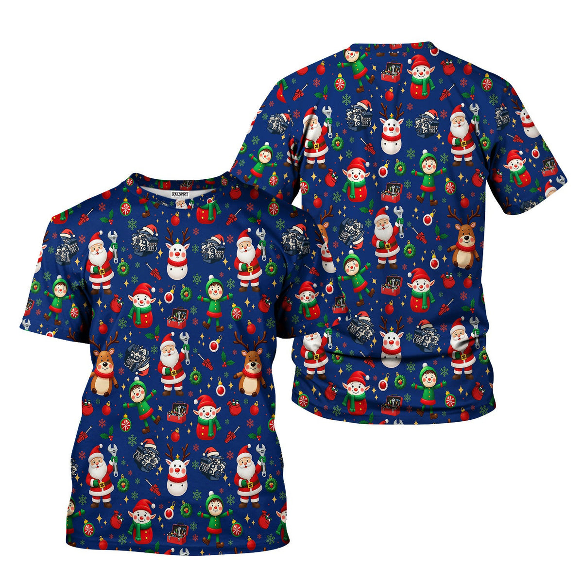 Christmas Mechanic All Over Print T-Shirt with Santa, Reindeer, Elves & Engine Tools, Festive Holiday Auto Mechanic Graphic Hoodie