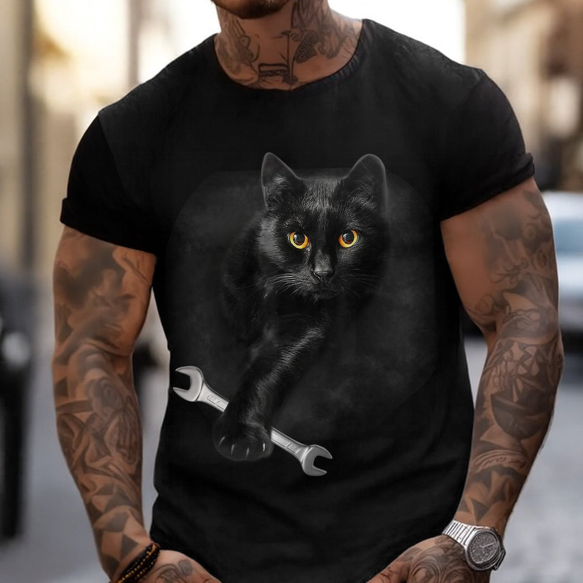 Black Cat Mechanic T-Shirt, Cool Cat Holding Wrench Graphic Bomber Jacket for Auto Repair Techs, Cat Lovers & Funny Unique Workwear Style
