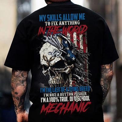 Mechanic Skull Shirt, My Skills Allow Me to Fix Anything, American Flag Design, Old School Mechanic Pride Tee for Men, Mechanic Lover