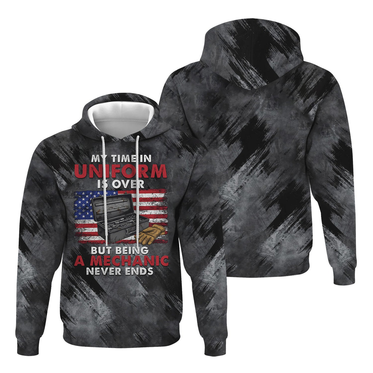 My Time in Uniform Is Over But Being a Mechanic Never Ends Shirt, Veteran Mechanic Tee with Distressed American Flag Design