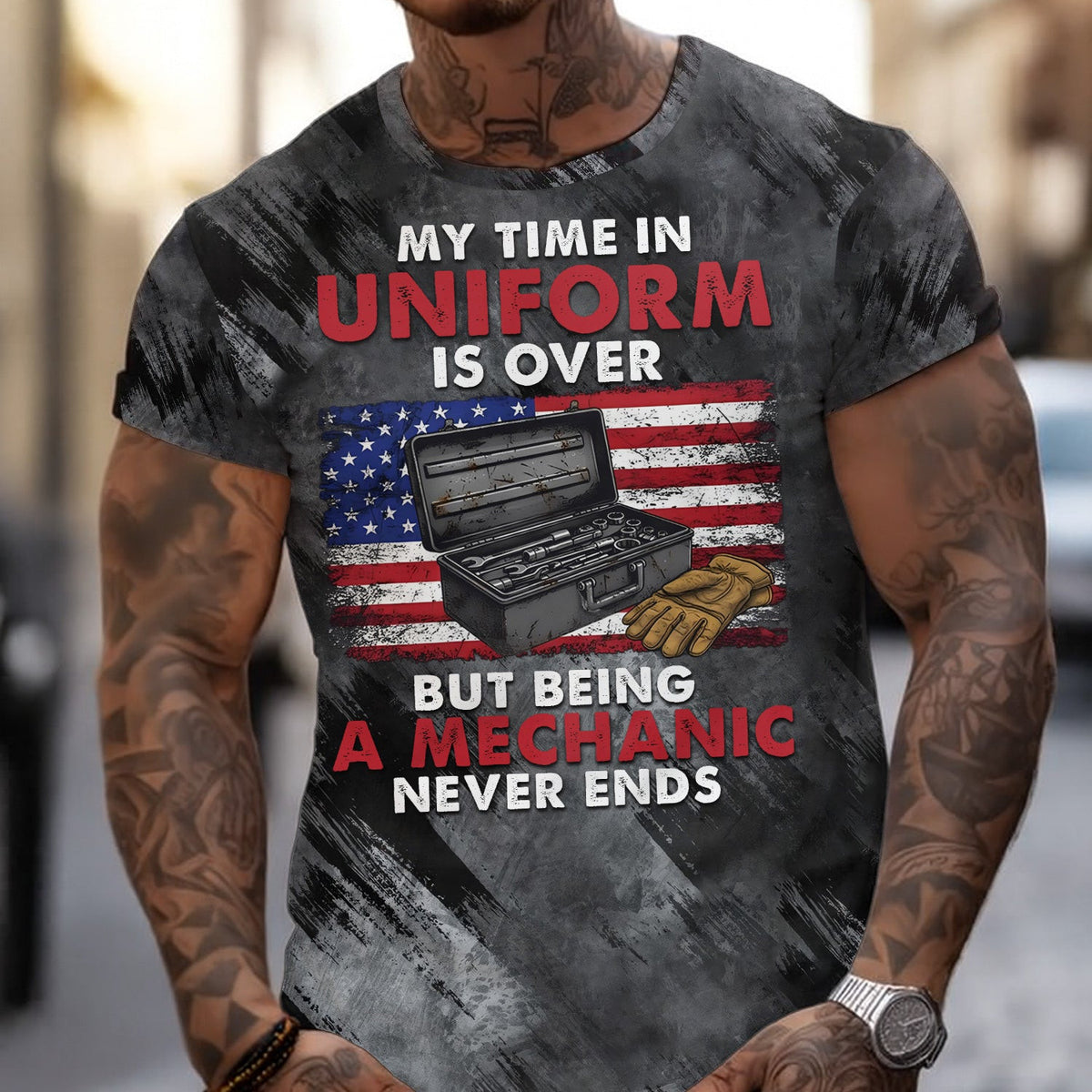My Time in Uniform Is Over But Being a Mechanic Never Ends Shirt, Veteran Mechanic Tee with Distressed American Flag Design
