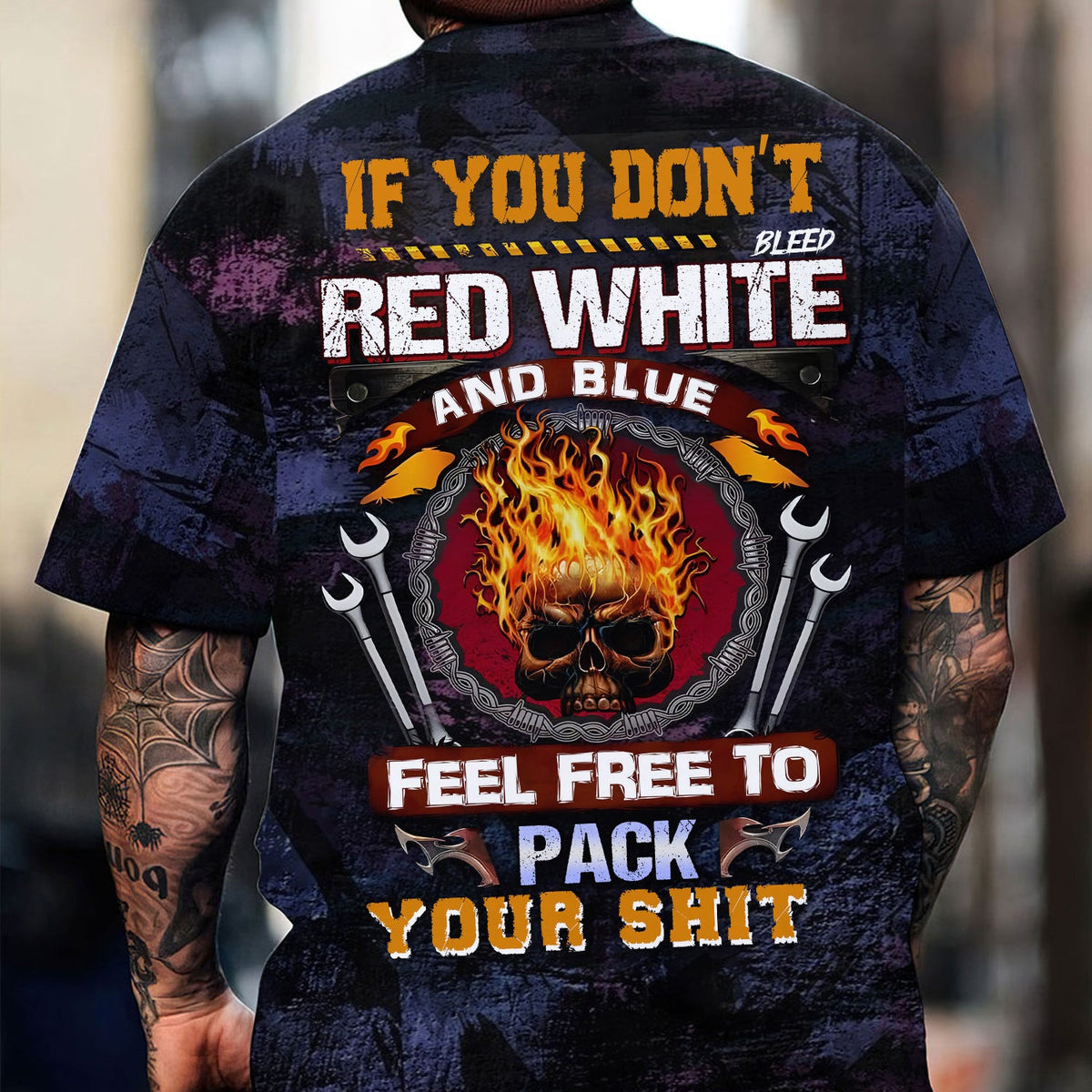 Patriotic Mechanic Shirt, If You Dont Bleed Red White and Blue Quote T-Shirt, Skull Fire Design, USA Pride Hoodie, Gift For Veterans & Car Guys